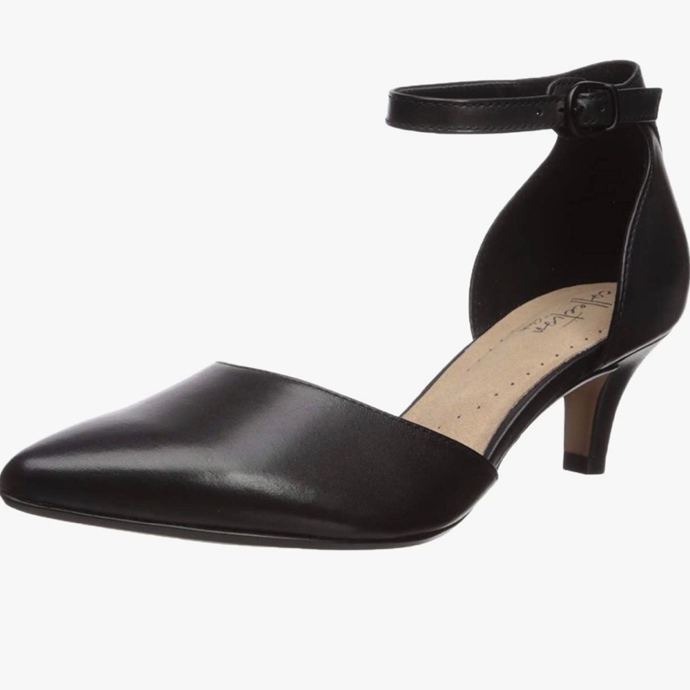 CLARKS Leather Linvale Edyth Ankle Strap Black Kitten Heel Pumps. Size 7